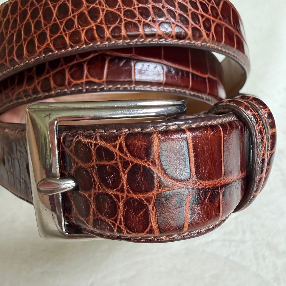 Polo Ralph Lauren Belt Mens 56 Brown Crocodile Embossed Italian Leather Silver - Picture 2 of 11